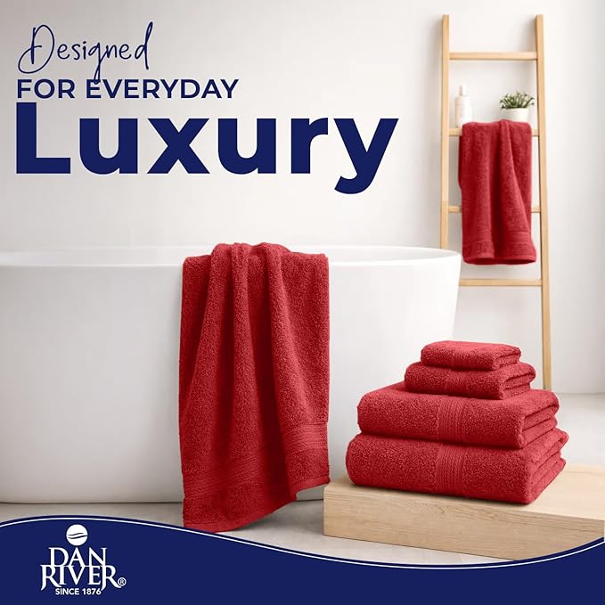DAN RIVER 8 PC Luxury Bath Towels for Bathroom, 2 Bath, 2 Hand, and 4 Wash Cloths, 600 GSM 100% Ring Spun Cotton Towel Set, Highly Absorbent, Gym, Hotel, and Spa, Red