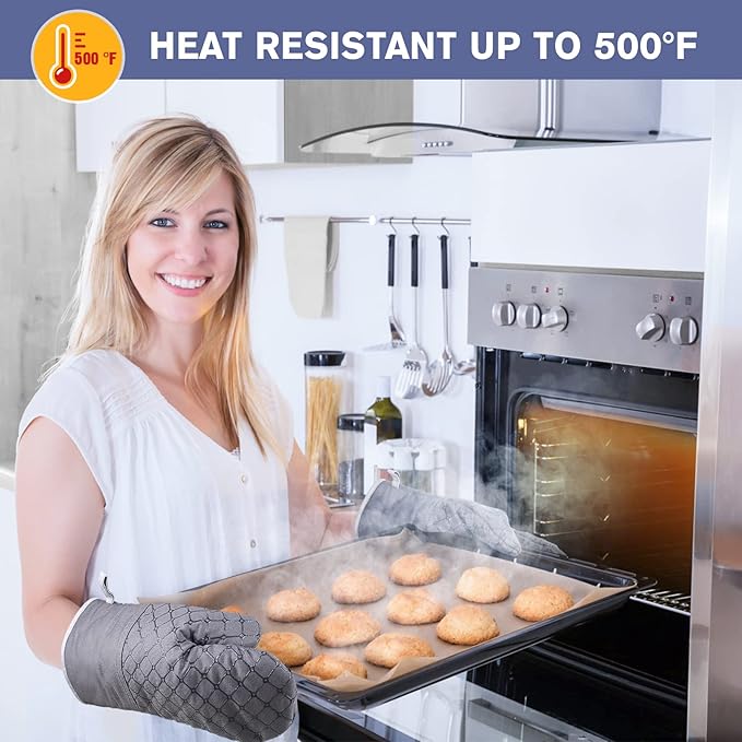 6 Pcs Oven Mitts and Pot Holders, 500℉ Heat Resistant Oven Mitts with Kitchen Towels Soft Cotton Lining and Non-Slip Silicone Surface Safe for Baking, Cooking, BBQ (Grey)