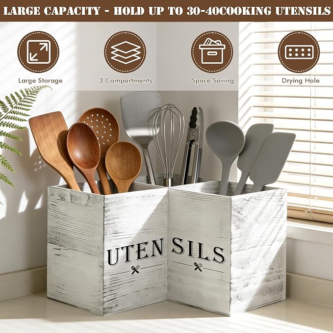Extra Large Utensil Holder with 3 Compartments, Durable Wooden Utensil Organizer for Kitchen Countertop, Spatula and Spoon Holder Farmhouse Decor (White Grain)