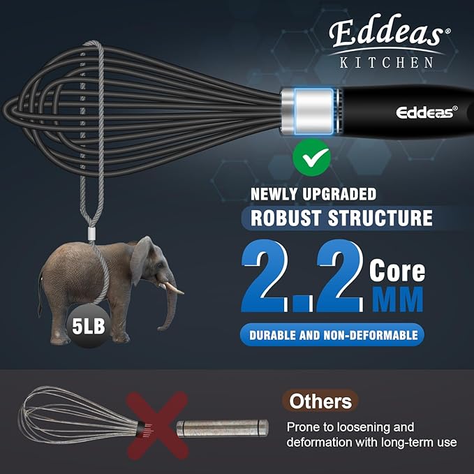 Eddeas Silicone Whisk - Non Scratch Whisks for Cooking, 500°F Heat Resistant Siliocne Wisk tool, Heavy Duty Kitchen Whisks, for Blending, Beating, set of 4 (5+7+9+11 inch) Black