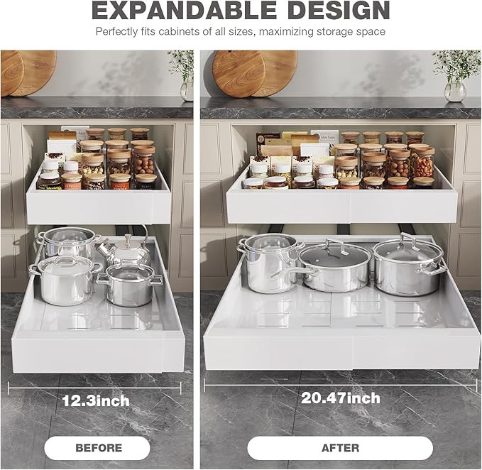 Seinloes 2 Pack Pull Out Cabinet Organizer 24" Deep,Full Extension 3 Slide Rails Slide Out Drawers With Raising Pad for Framed Cabinets,Expandable Width (12.3"-20.5"),No Drill Roll Out shelf,White