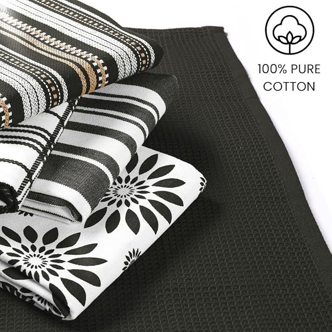Assorted Kitchen Towels Large 16x26 inches 100% Cotton Set of 5 - Soft Absorbent Washable Tea Towel for Kitchen - Dish Cloths with Hanging Loop - Quick Drying Dish Towels Black
