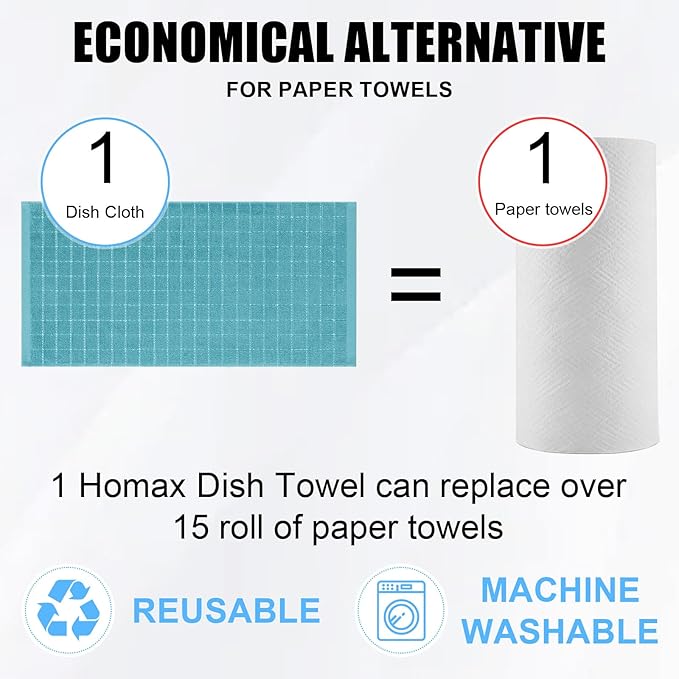 Homaxy 100% Cotton Terry Kitchen Towels(Lake Blue, 13 x 28 inches), Checkered Designed, Soft and Super Absorbent Dish Towels, 4 Pack