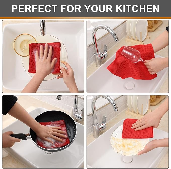 Kitinjoy 100% Cotton Kitchen Dish Cloths (12 X 12 Inches, Red), 8 Pack Waffle Weave Ultra Soft Absorbent Dish Towels for Drying Dishes Quick Drying Kitchen Towels Dish Rags