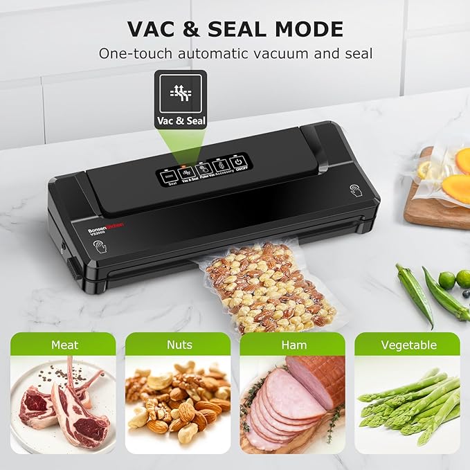Bonsenkitchen Vacuum Sealer Machine | Compact Food Sealer for Kitchen Storage & Meal Prep | Multiple Modes | External Vacuum System | 5 Bags, Black