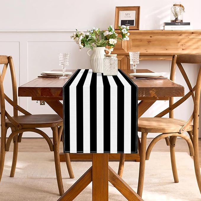Black and White Cabana Striped Table Runner Birthday Party Decoration Baby Shower Dining Room Home Kitchen Table Decor (Black, 13" x 72")