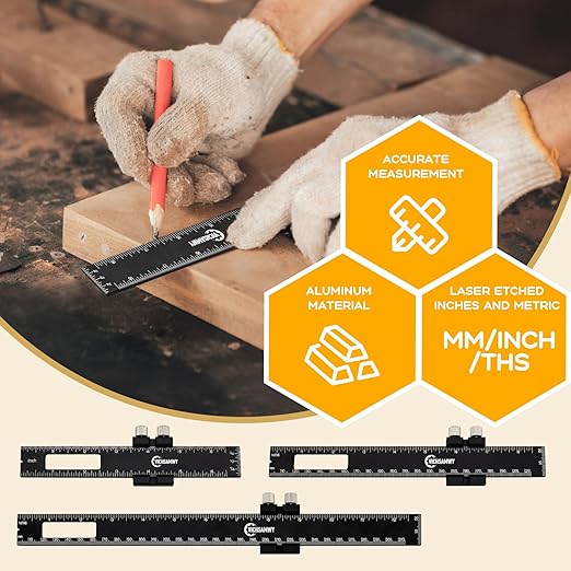 3PCS Black Metal Woodworking Ruler, Adjustable 6/8/12 Inch Precision Pocket Slide Ruler,Inch and Metric Measuring Ruler for Woodworker (Black)