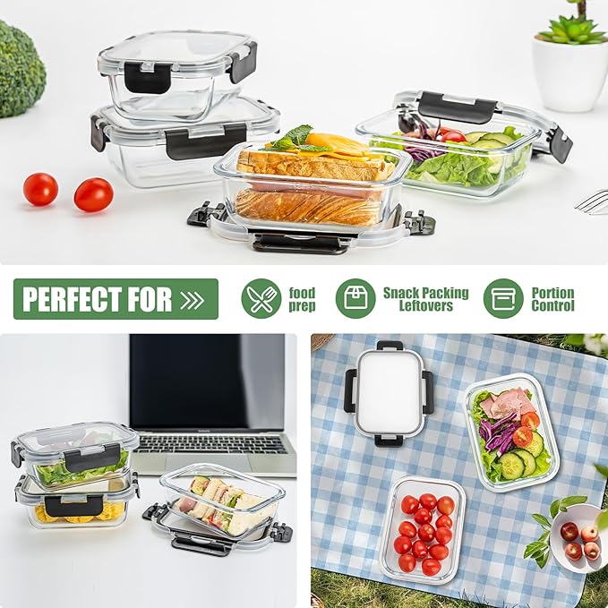 Glass Food Storage Containers with Lids Set of 6, 22 OZ Glass Meal Prep Containers for Lunch, Microwave, Oven, Freezer & Dishwasher Safe, BPA-Free