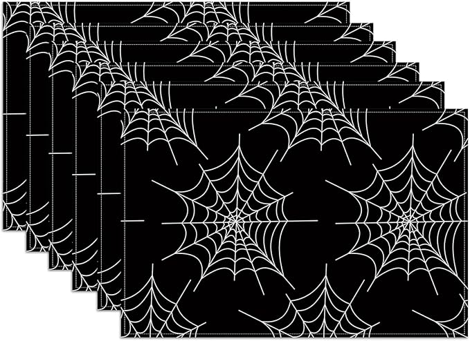 Spider Web Placemats Set of 6, Washable Heat Resistant Table Mat Linen Place Mats for Party Kitchen Dining Home Decor 12x18 Inch