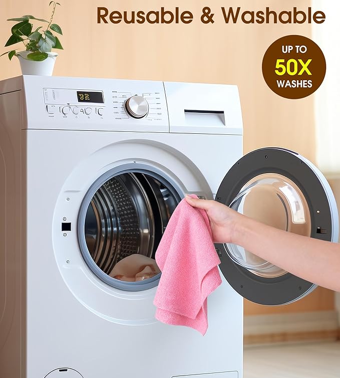 KitchLife Microfiber Cleaning Cloth Roll, 100 Pack - Tear-Away Microfiber Paper Towels, Lint-Free, Reusable, Washable for Kitchen, Car, Dishes, and Sensitive Surfaces (Pink)