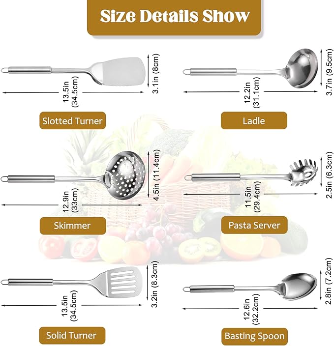 Stainless Steel Kitchen Utensils Set, 6 PCS Metal Cooking Utensils Set, Heat Resistant Cooking Spatula Spoon Set with Turners, Serving Spoon, Ladle, Skimmer, Pasta Server