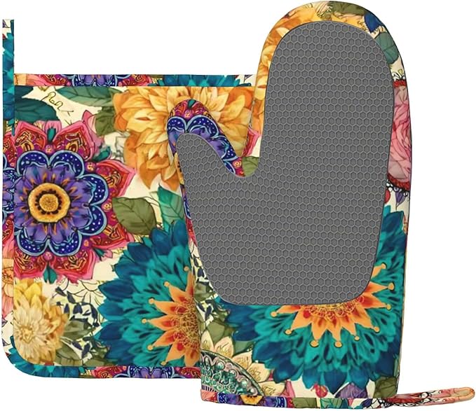 Oven Mitts and Pot Holders Colorful Flower Pattern Boho Silicone Kitchen Accessories Set of 2 Heat Resistant Long Gloves Potholder Non-Slip Grip for Chef Cooking,Baking,Grilling,BBQ