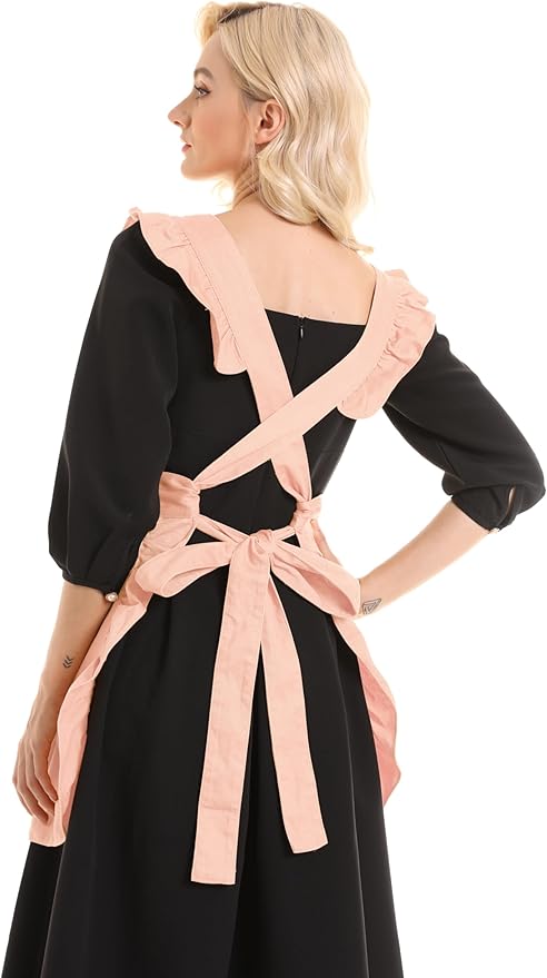 Retro Adjustable Ruffle Apron Kitchen Cooking Baking Cleaning Maid Costume (Pale Peach)
