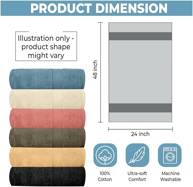 QUBA LINEN Hotel & Spa 100% Cotton Bath Towels Pack of 6, Ultra Soft, Quick Dry, Lightweight, Highly Absorbent, Perfect for Shower, Spa, Gym, Pool, Hotel, Resort & Daily Use (Multi-Color - 24" x 48")