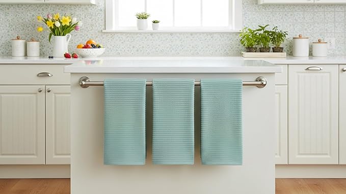 Seafoam Light Sage Aqua Mineral Green Kitchen Hand Dish Towels: Oversized 28" x 18", 100% Cotton Cloth Soft Cleaning Drying Absorbent Ribbed Design, Set of 3 Multipurpose for Everyday Use