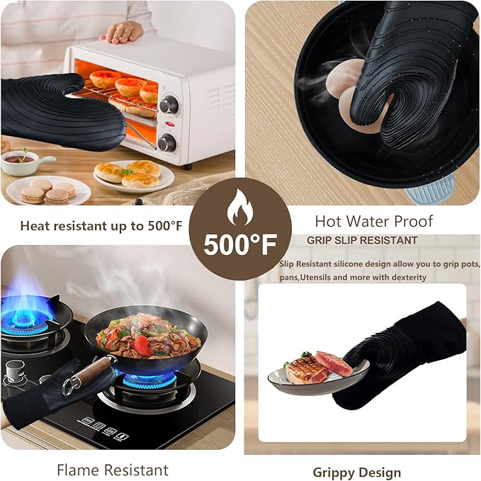 Silicone Oven Mitts-13.6 in Extended Oven Mitts Heat Resistant 500F, Oven Gloves with Soft Liner Good Grippy BPA-Free Easy to Clean Flexible-Oven Mits Set for Cooking Baking Grilling BBQ