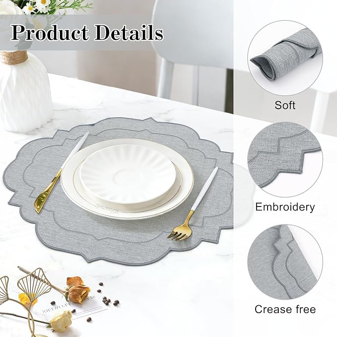 Cotton Linen Oval Placemats Set of 4, HADEEONG Table Mats Cloth Placemats, Washable Wrinkle Resistance, Scalloped & Embroidered Fabric Placemats, 17.71 x 13.77inch (Light Grey, 4)