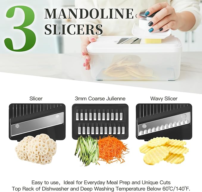 14-In-1 Chopper Vegetable Cutter with 7 Blades, Vegetable Chopper with Container and Lid, Mandoline Slicer for Kitchen, Veggie Slicer for Salad, Cheese Grater, Kitchen Gadgets Accessories Essentials
