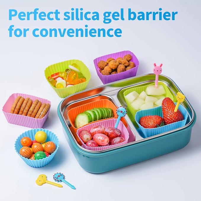 Doiaz Silicone Lunch Bento Box, 52 Pack Bento Lunch Box Bundle Dividers with Food Picks Lunch Accessories, Durable, Reusable, BPA-Free, Freezer and Dishwasher Safe