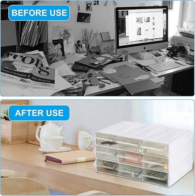 9 Pcs Drawer Stacking Storage Cabinet with 18 Pcs Clear Dividers Organizer Rack & 9 Pcs Tag Card, Plastic Stacking Storage-in-Drawer Cabinet for Home Office Small Items