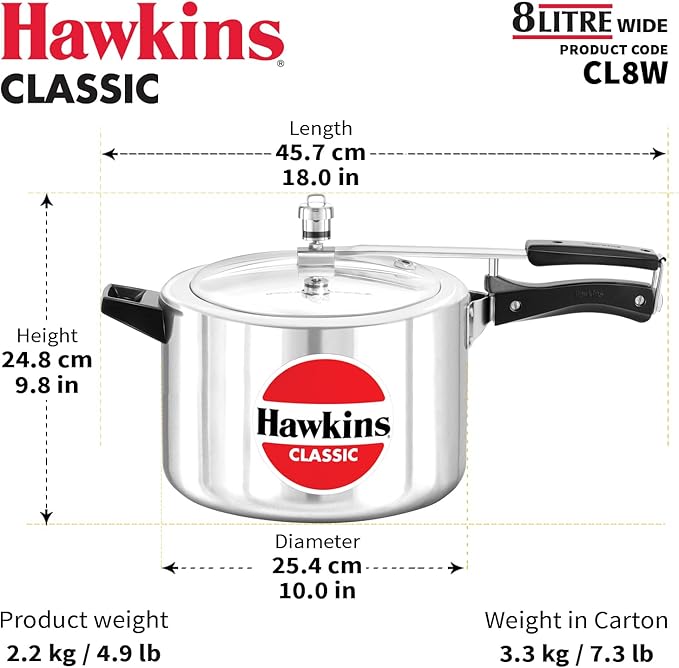 Hawkins Classic 8 Litre Aluminium Inner Lid Pressure Cooker, Wide Design Pan Cooker, Big Cooker, Silver (CL8W)