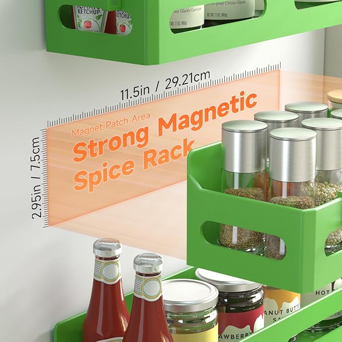 Sevenblue 4 Pack Strong Magnetic Spice Rack for Refrigerator, Multipurpose Magnetic Shelf for Fridge with 4 Hooks for kitchen and Bathroom Organization, Green
