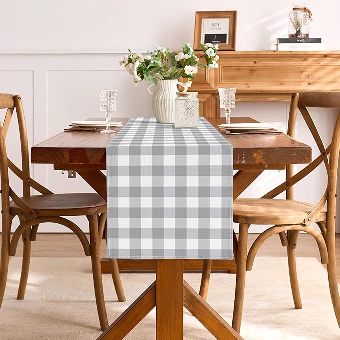 Grey and White Checkered Table Runner Gingham Birthday Wedding Baby Shower Party Decoration BBQ Picnic Dining Room Home Kitchen Table Decor (Grey, 13" x 72")