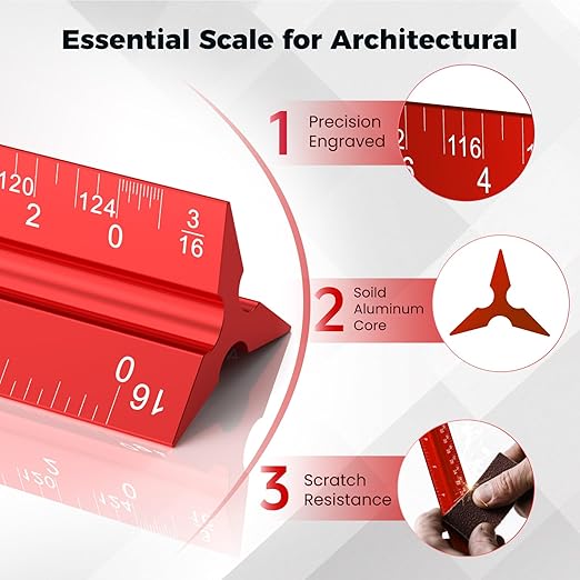 Rena Chris Architectural Scale Ruler: 12" Imperial Aluminum Alloy Metal Architecture Measuring Tools, Engineering Drafting Construction Drawing Blueprints Triangular Architect Scaling Rulers 12 Inches