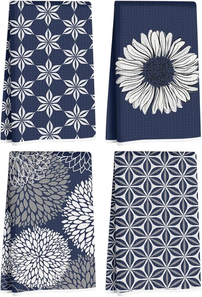 4 Pcs Blue Flower Artistic Kitchen Towels, Blue Flower Absorbent Tea Hand Towel, Microfiber Dish Cloths for Drying Dishes, Waffle Dish Towels for Kitchen Bathroom, Housewarming Gifts