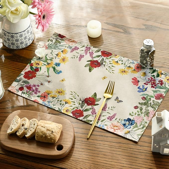 Artoid Mode Vintage Floral Spring Placemats Set of 4, 12x18 Inch Seasonal Holiday Table Mats for Party Kitchen Dining Decoration
