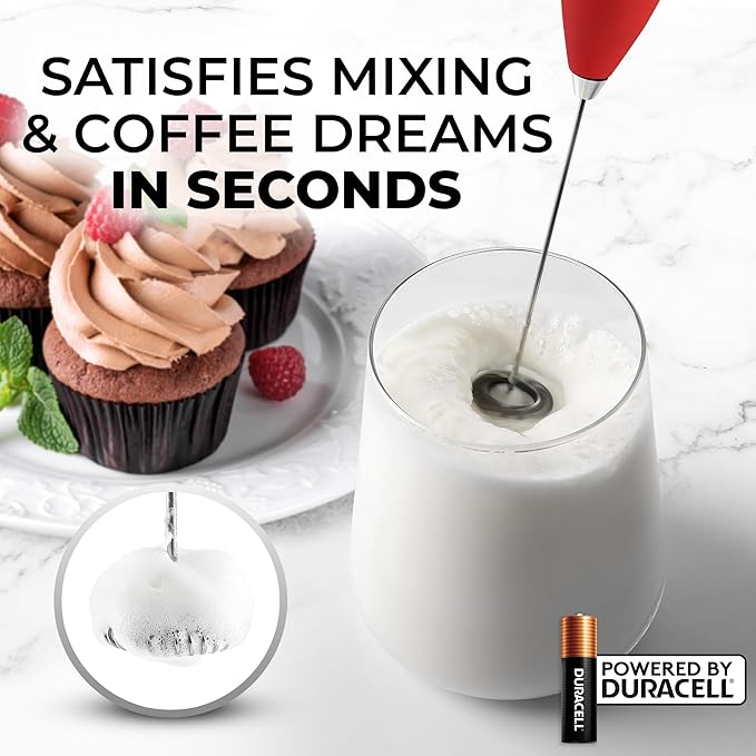 Zulay Kitchen Milk Frother Handheld Electric Whisk with AA Duracell Batteries – Durable Drink Mixer for Coffee, Lattes, Cappuccinos & More - Red