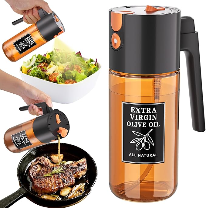 Oil Dispenser and Sprayer 16oz/500ml 2 in 1 Oil Mister for Cooking, Fine Mist Oil Sprayer with Portion Control Non Aerosol Leak Proof Design, UV Resistant Glass（Black）