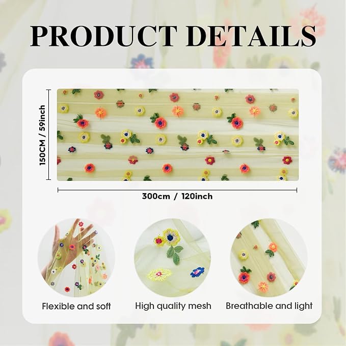Artoid Mode Green Embroidery Daisy Spring Gauze Table Runner 59x120 Inch 10FT, Seasonal Sheer Kitchen Dining Holiday Wedding Birthday Table Decor for Home Party