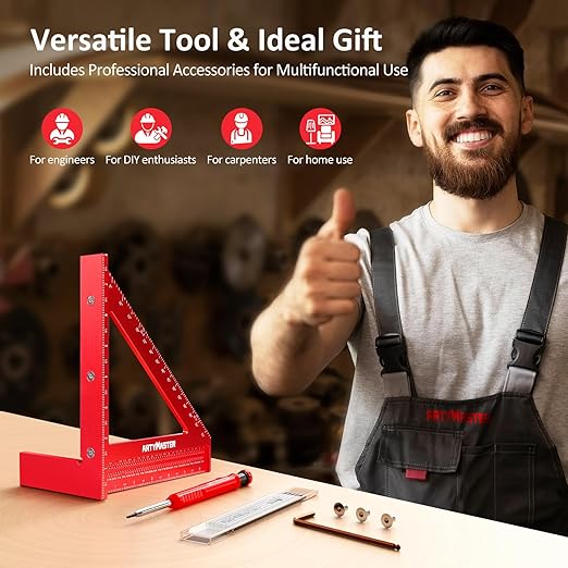 8 inch 3D Multi-Angle Measuring Square Ruler, WT103B High Precision Hole Scribing Woodworking Tools, 0-90° Aluminum Alloy Carpenter Square Wood Working Tools, Carpenter Pencils 6 Refills.