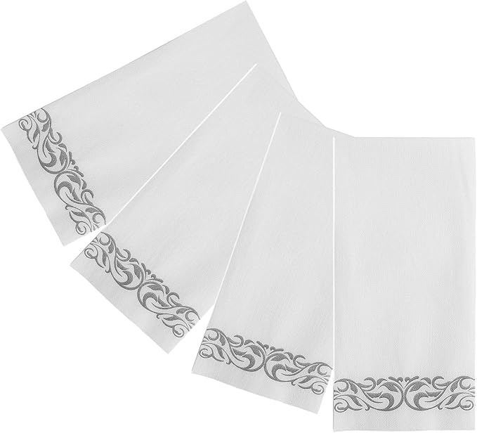 FOCUSLINE 200 Linen Feel Disposable Bathroom Napkins, Soft and Absorbent Paper Guest Towels, Cloth-Like Paper Hand Towels Decorative Napkins for Parties, Weddings, Dinners or Events, Silver, 12" x 17"