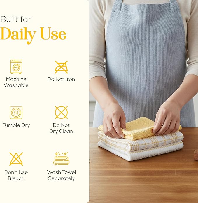MosJos Kitchen Towels Set of 4 Dish Towels Yellow n White Waffle Weave Cotton Hand Towels, 18 x 28 Absorbent Kitchen Linens