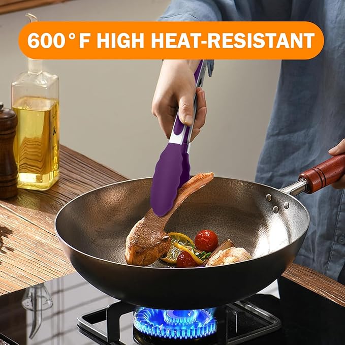 Tongs for Cooking, 600ºF High Heat-Resistant Stainless Steel Kitchen Tongs with Silicone Tips, Non Scratch, Locking Tong for BBQ Grilling Air Fryer Food Salads, Set of 2 (9" and 12") Purple