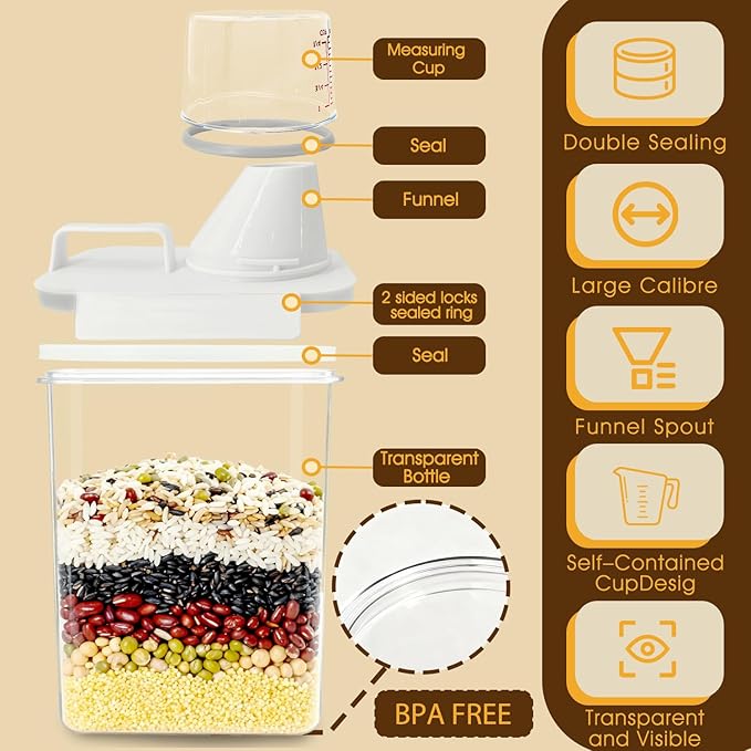 Upgraded Cereal Storage Container Set of 2 - 1700ML (57oz) Airtight Food Storage Organizer with Pour Spout & Measuring Cup for Rice, Flour, Sugar, Oatmeal, Pet Dog Cat Bird Food Dry Food Keep Fresh