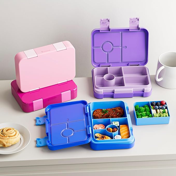 Bento Lunch Box for Kids, 6 Compartments BPA Free, Dishwasher Safe Back to School Snack Bento Lunch Containers Boxes, Ideal Portion Sizes for On-the-Go Meal, Ages 3+, School, Purple