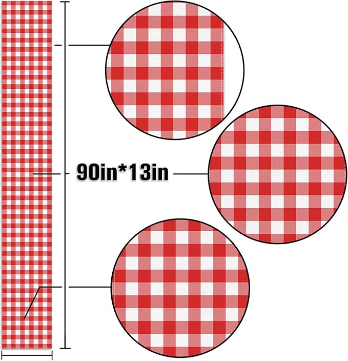 Italian Red and White Gingham Table Runner Checkered Baby Shower Party Decoration Christmas BBQ Picnic Home Kitchen Island Decor (Red, 13" x 90")