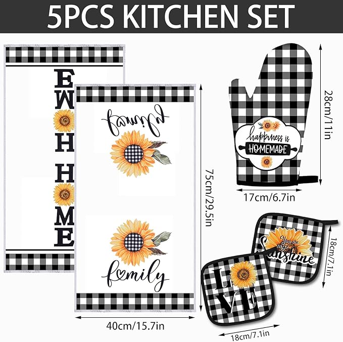 5 Pieces Buffalo Plaid Kitchen Towels Oven Mitts and Pot Holder Set Black and White Kitchen Towels Oven Gloves, Hot Pads Pot Holders for Farm House Accessories Decor(Sunflower)