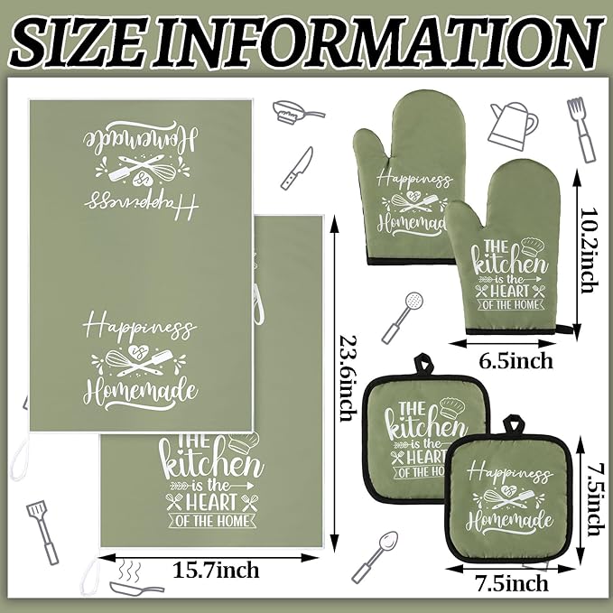 Sratte 6 Pcs Kitchen Decor Accessories Set Farmhouse Towels Pot Holders Oven Mitts Set 2 Dish Towels 2 Potholders 2 Cooking Mittens Oven Glove for Christmas Baking Cooking Supply(Green,Kitchen)