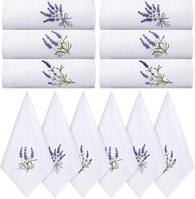 HunnmingRe 12 Pcs Spring Floral Cloth Napkins 100% Cotton Lavender Dinner Tea Party Napkins Embroidered Hand Towel Country French Reusable Washable for Dinner Kitchen Weddings Cocktail Party 17x17inch