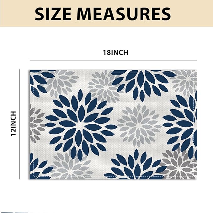 Navy Blue & Gray Floral 100% Polyester Placemats Set of 4, Flowers Table Mats, Washable Non-Slip Heat Resistant Table Mats for Party Kitchen Dining Table Decor, Housewarming Gifts for Women Mom Friend