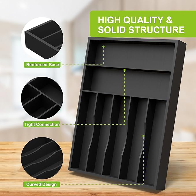 Unibambou Sliverware Organizer, Bamboo Kitchen Drawer Organizer, Flatware Organizer Tray Holder for Sliverware, Utensil & Cutlery (Black, 7 Slots)