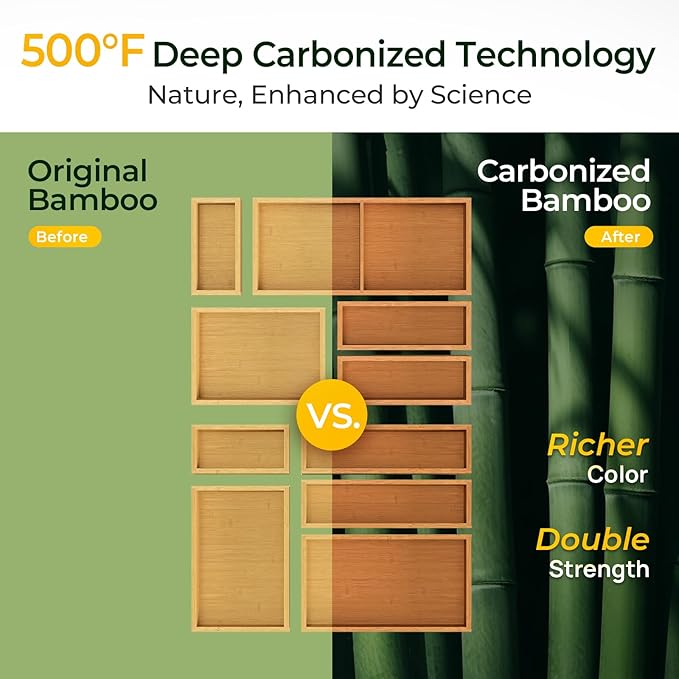keechee 10-Piece Bamboo Drawer Organizer Set, 2.2" Deep Multi-Use Organizers for Utensils, Silverware, Cutlery, Desk, Bathroom, Junk Drawer & Makeup, Non-Slip Feet Included.