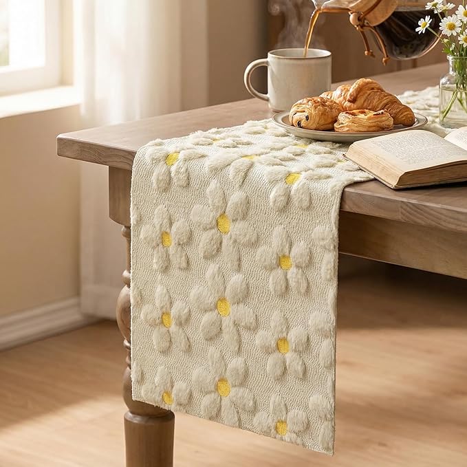 Artoid Mode Beige Soft Plush Faux Fur Jacquard Embroidery Daisy Spring Table Runner, Kitchen Dining Table Decoration for Home Party Decor 13x60 Inch