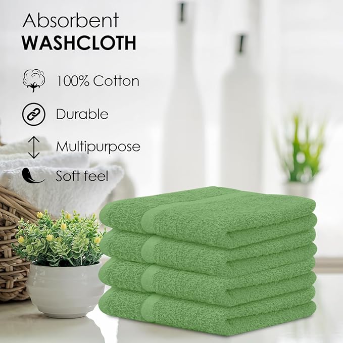 Avalon Towels Cotton Washcloths 24-Pack – 12 x 12 Inch Sage Green Super Soft & Absorbent Ring-Spun Cotton Wash Cloths for Face, Bath, Spa, Gym, Hotel & Cleaning