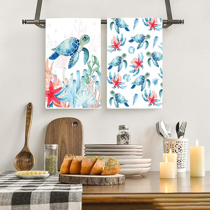 Sea Turtle Ocean Kitchen Towels 2 Pcs Decorative Hand Towel Absorbent with Hanging Loop 16”X 24”
