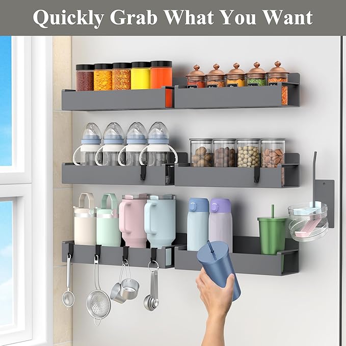 HuggieGems Magnetic Water Bottle Holder for Refrigerator, Cup Holder Organizer for Stanley and Tumbler for Kitchen, 6 Pack, Dark Gray